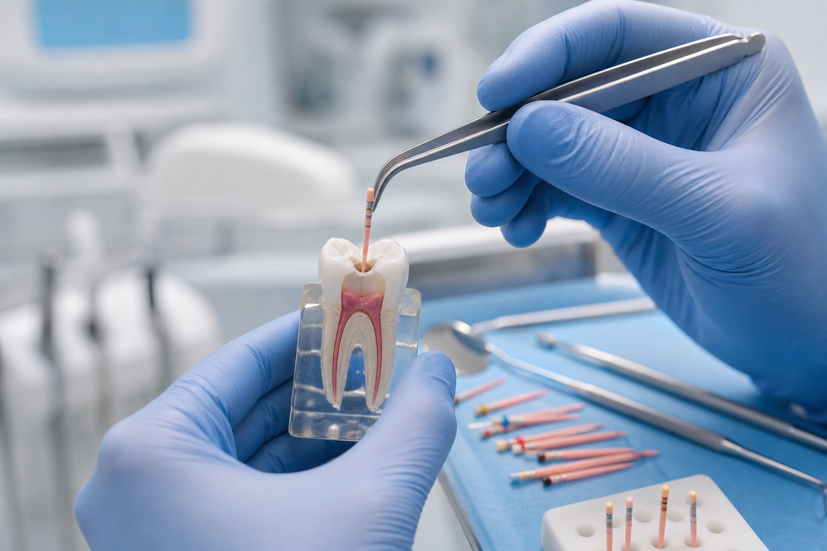 Dentist performing endodontic obturation during root canal treatment