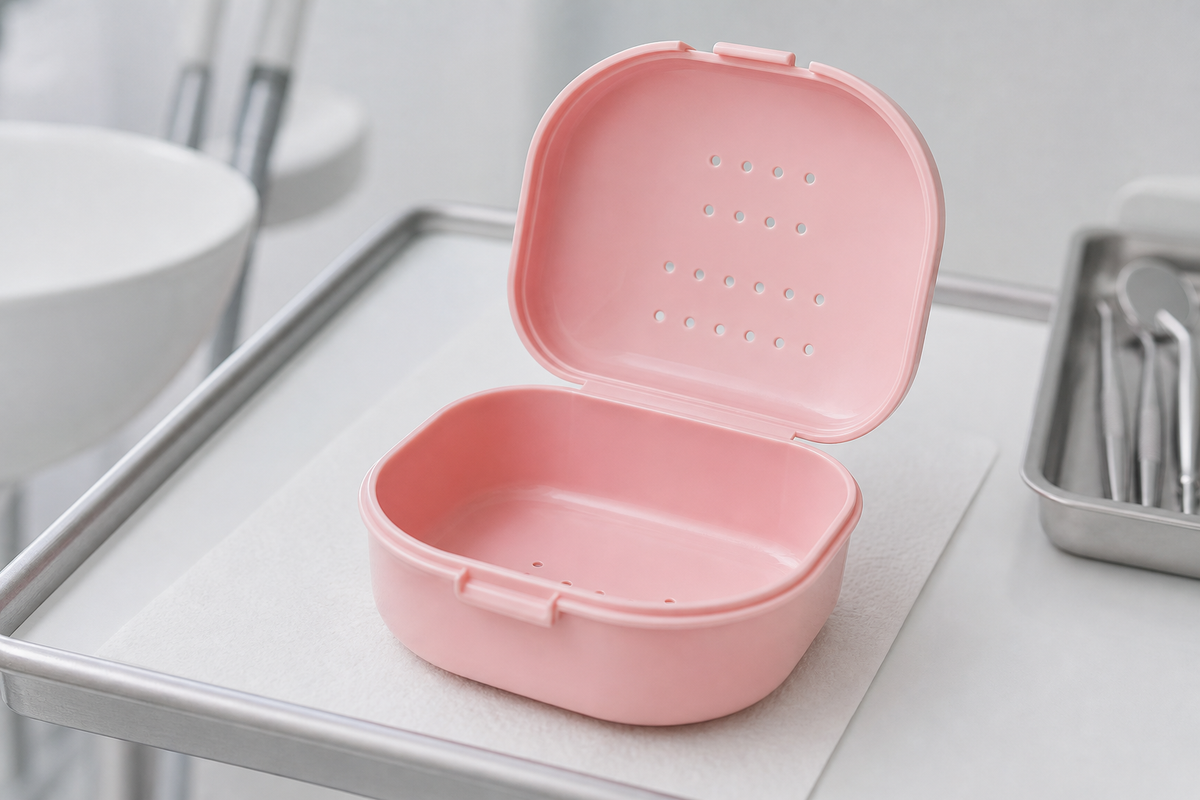 Individually sealed denture case shown open next to a removable denture on a clean dental tray