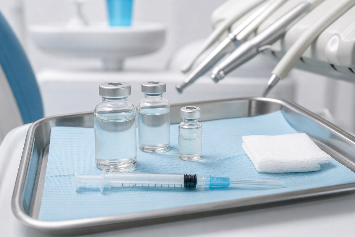 Vials and syringe representing a flumazenil injection shortage affecting dental sedation practices