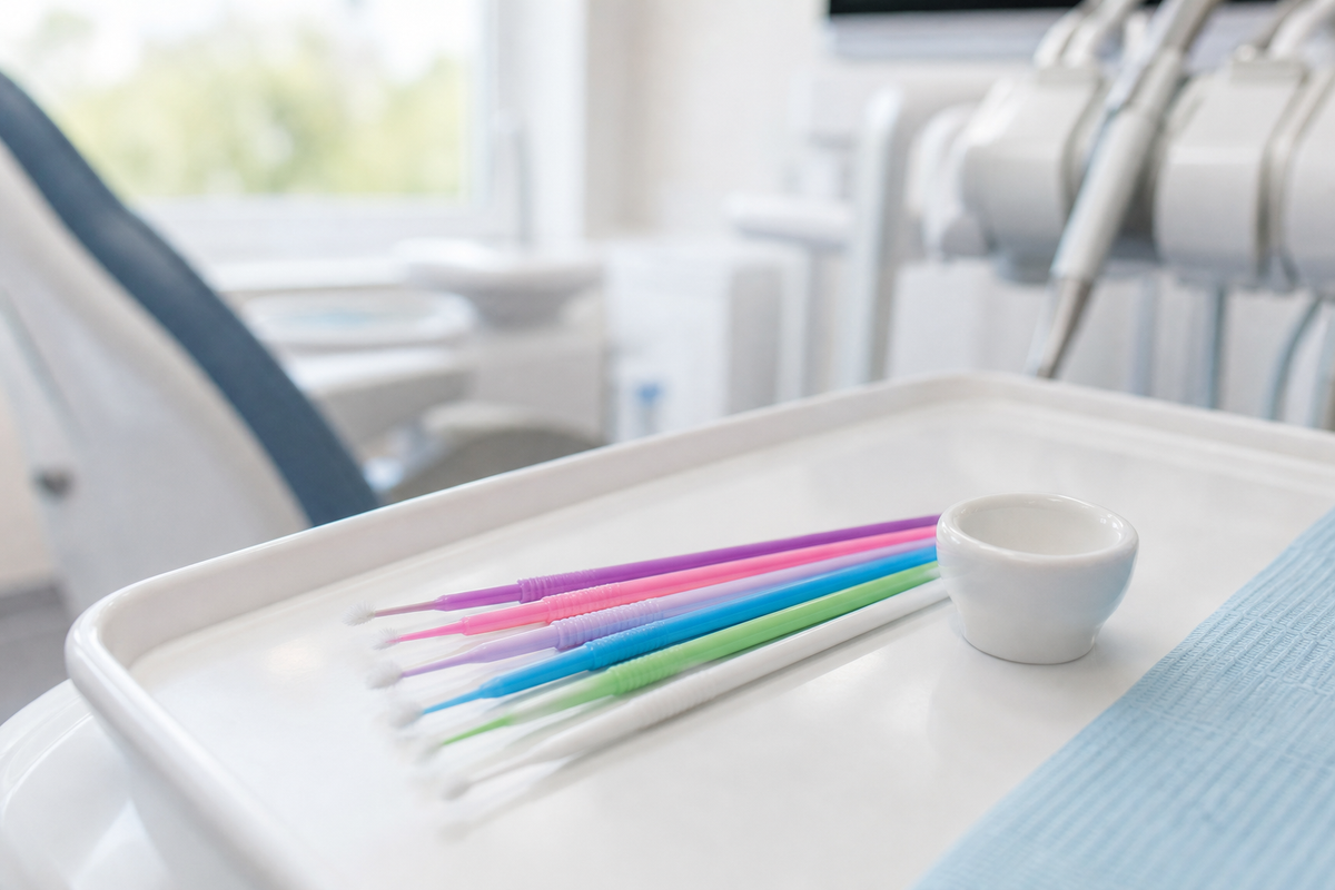 Close-up of dental micro applicator brushes used for precise bonding agent application