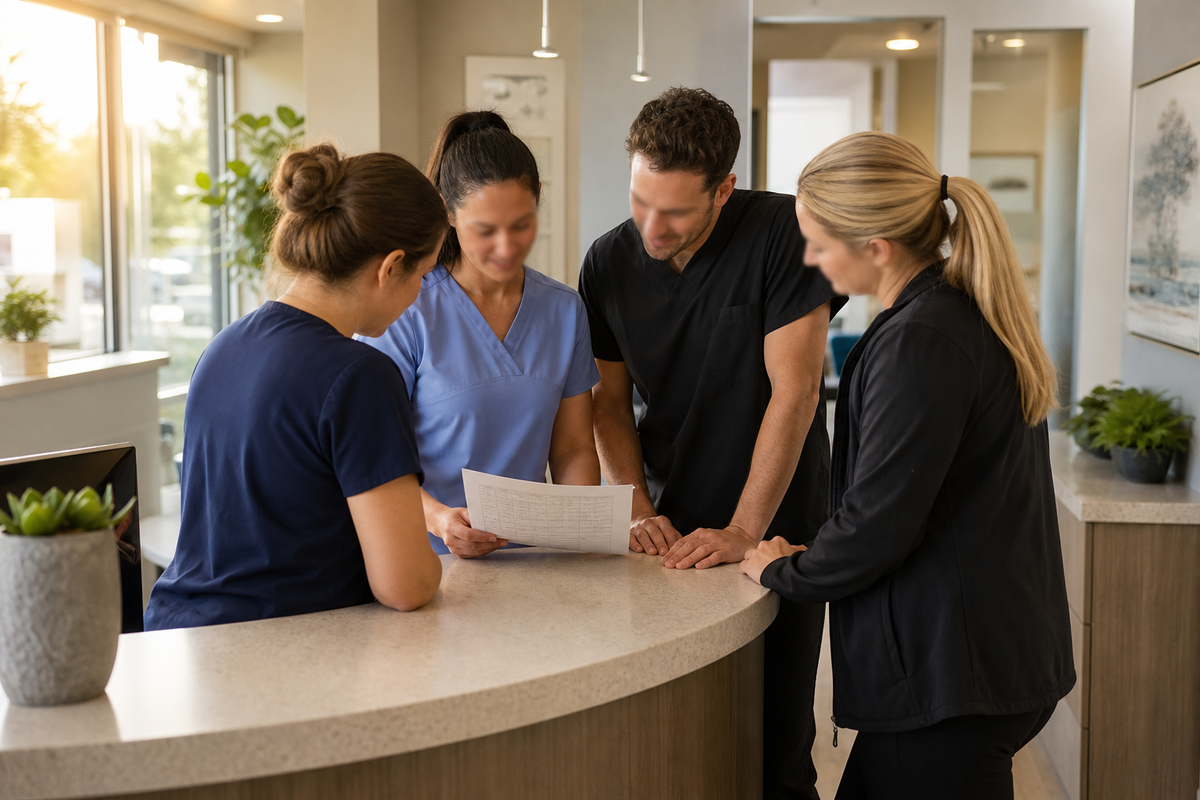 Dental office team gathered for a morning huddle reviewing the day's schedule