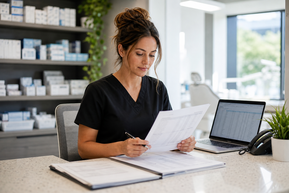 Office manager reviewing vendor invoices and supply orders at a dental practice front desk