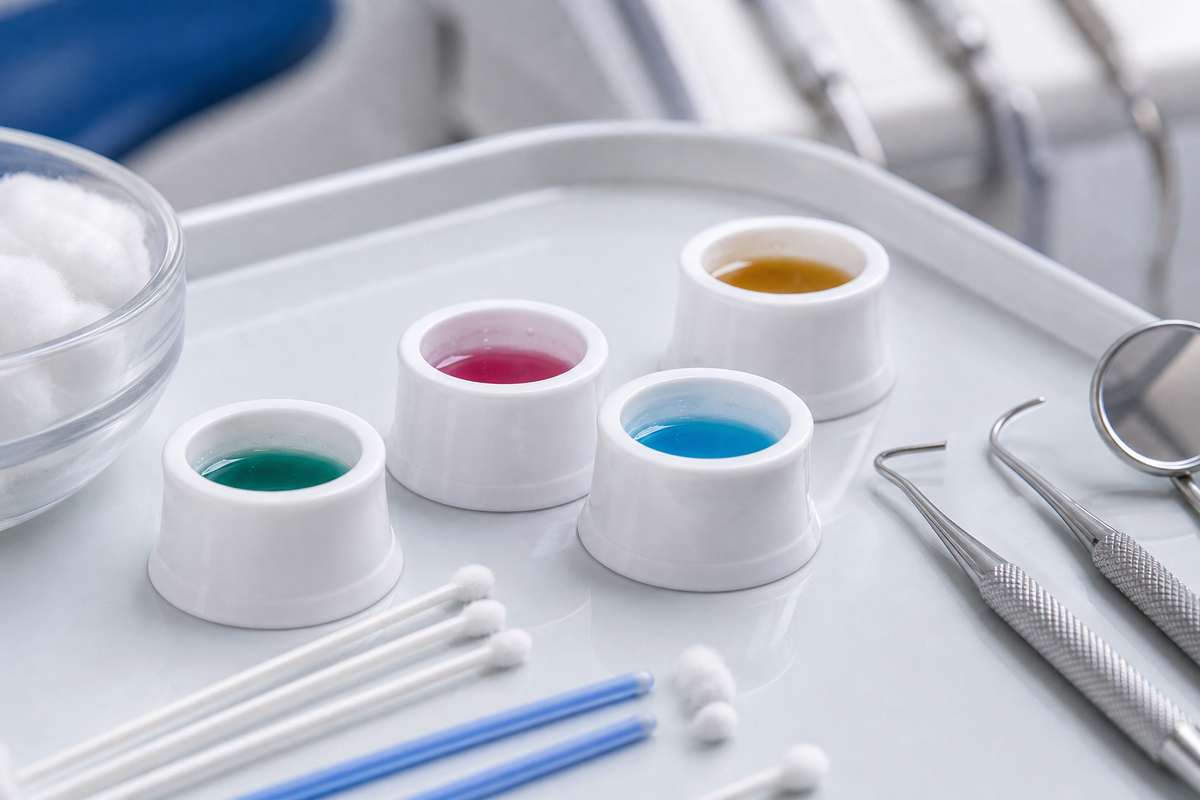 Dental dappen dishes holding liquid materials on a chairside tray