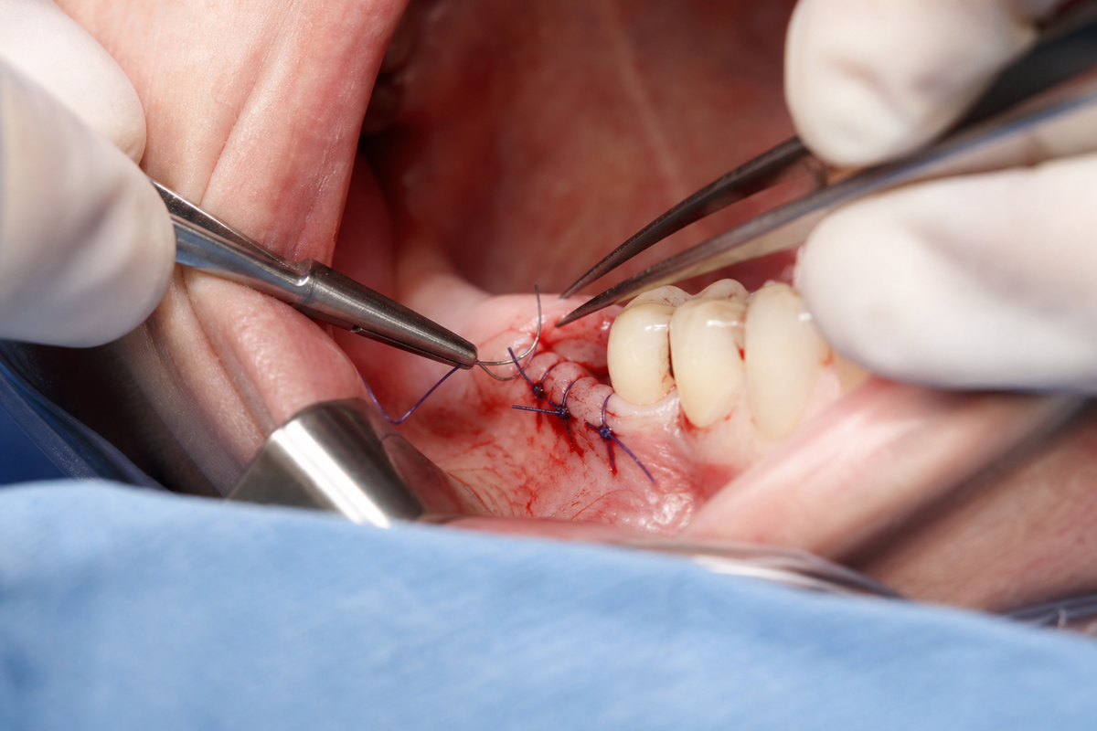 Clinician performing a suturing technique to close an oral surgical flap