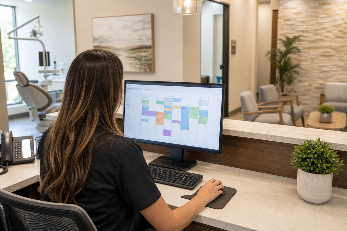 Front desk staff reviewing a patient recall schedule on a computer in a dental office