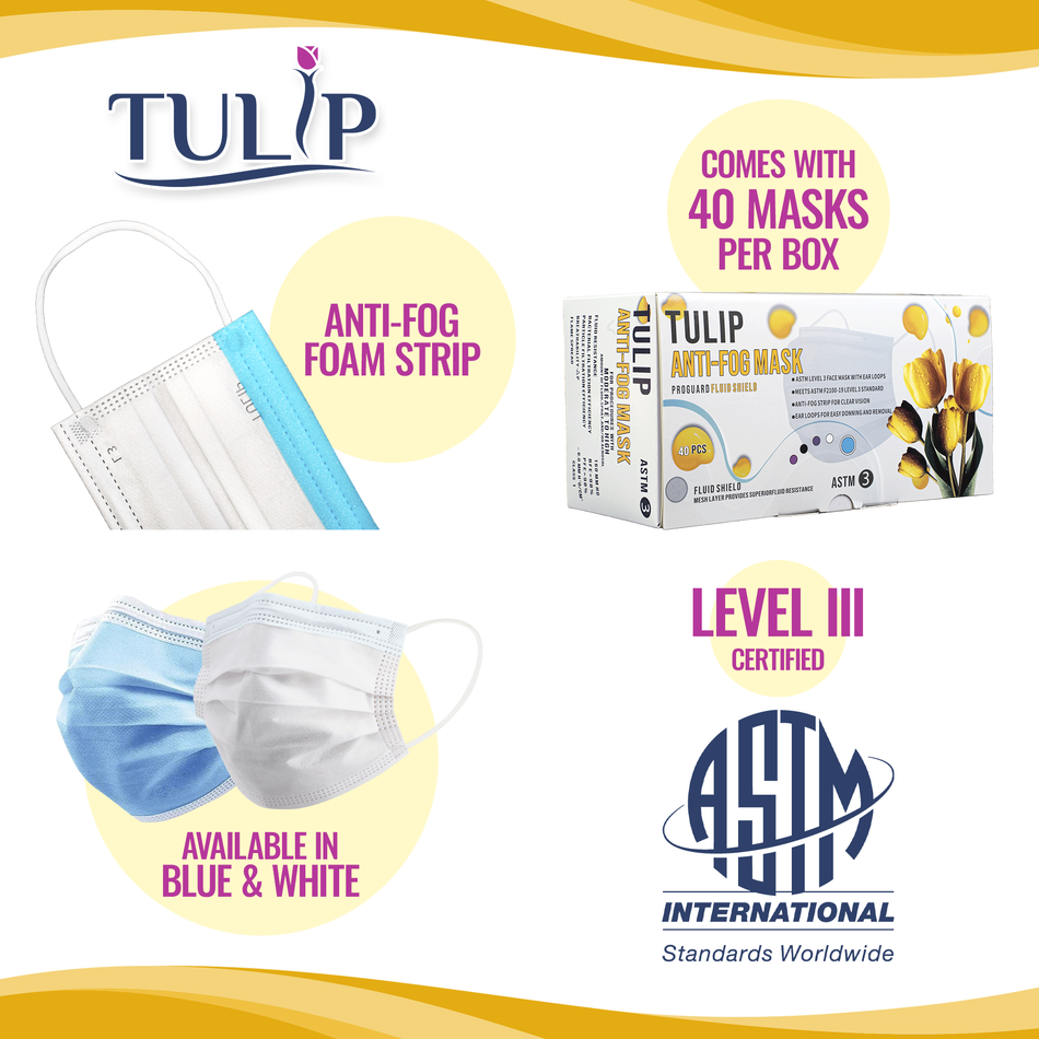 40 White Fluid Shield ASTM Level 3 Masks 4-Layer w/ Anti Fog Strip - front view | DoctorSupplies.com
