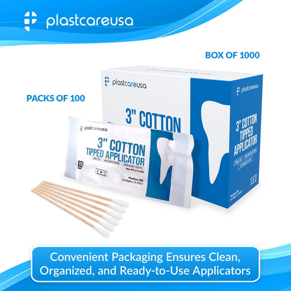 3" Cotton Tip Applicators by PlastCare USA - Box of 1000 - front view | DoctorSupplies.com