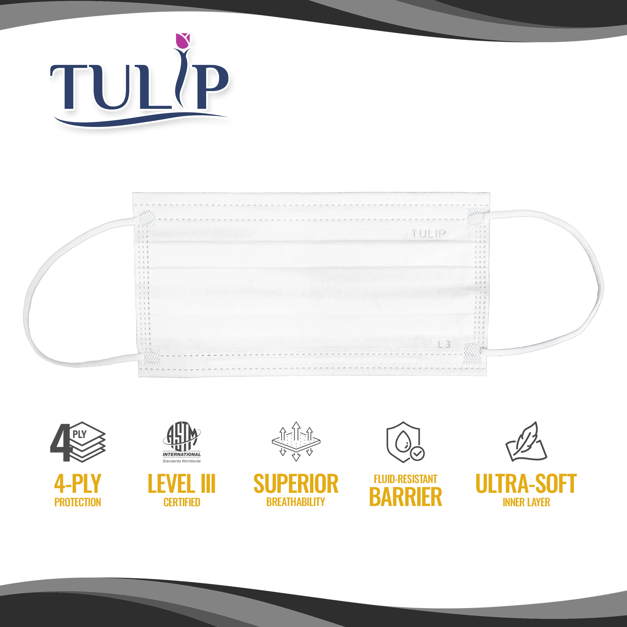 TULIP 4-Ply ASTM Level 3 Blue Surgical Masks (Box of 50) - back view | DoctorSupplies.com