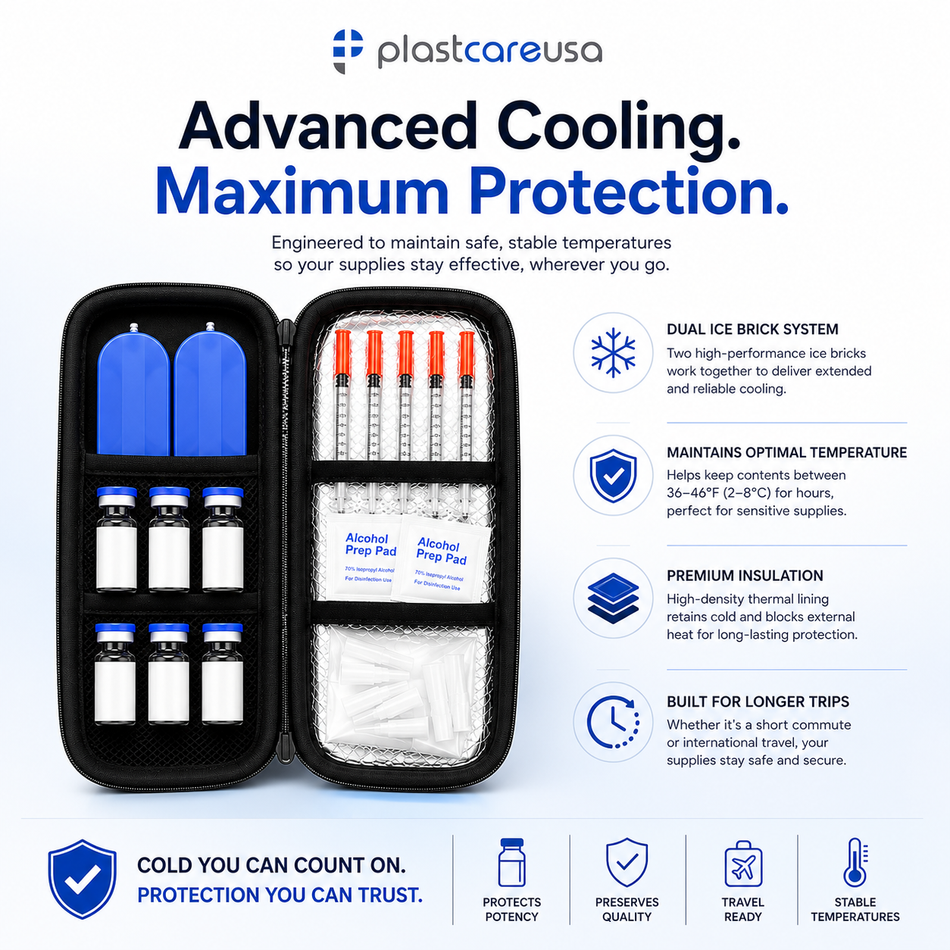 Premium Insulated Peptide Travel Case with Digital Temperature Display & Ice Packs | PlastCare USA