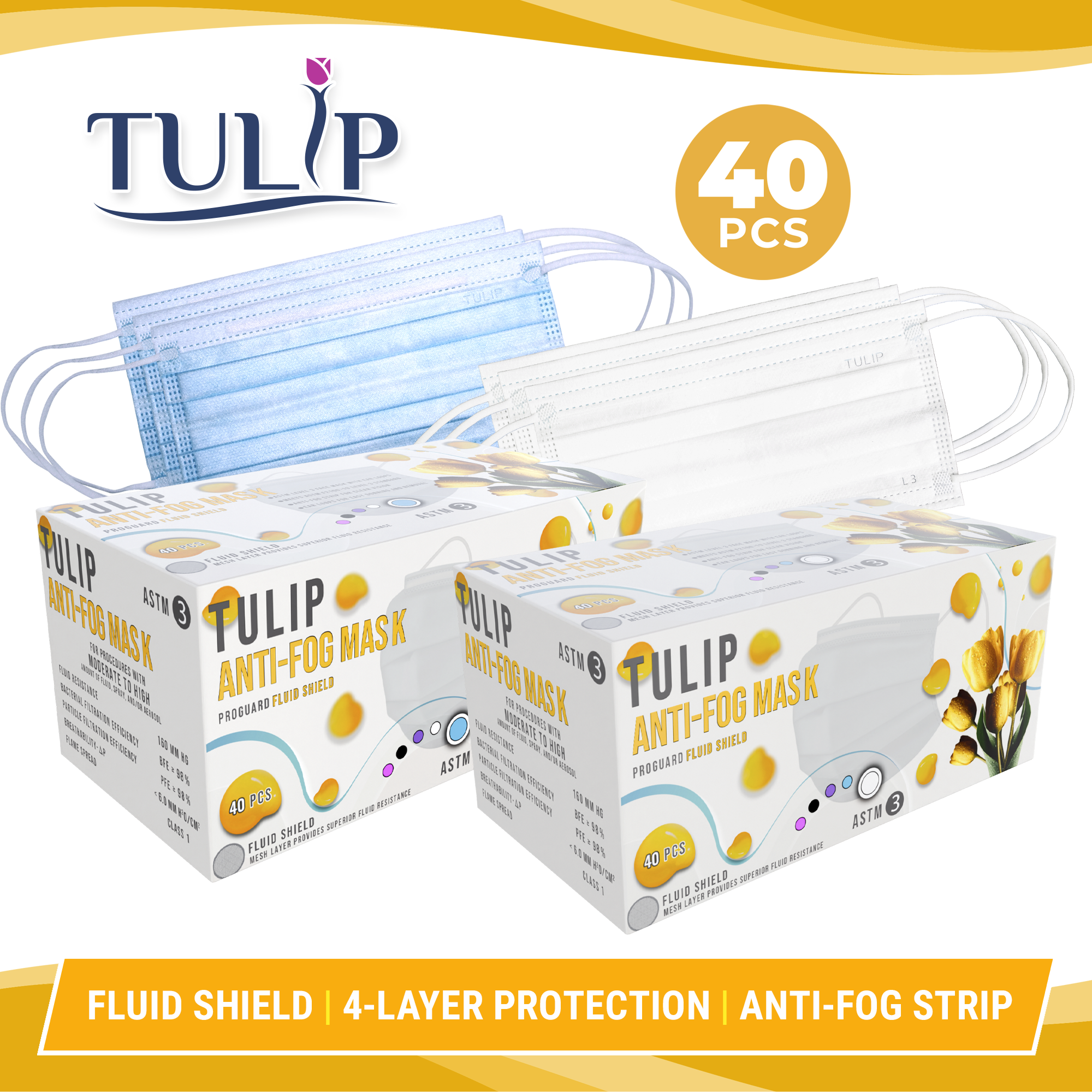 40 Blue Fluid Shield ASTM Level 3 Masks 4-Layer w/ Anti Fog Strip - side view | DoctorSupplies.com