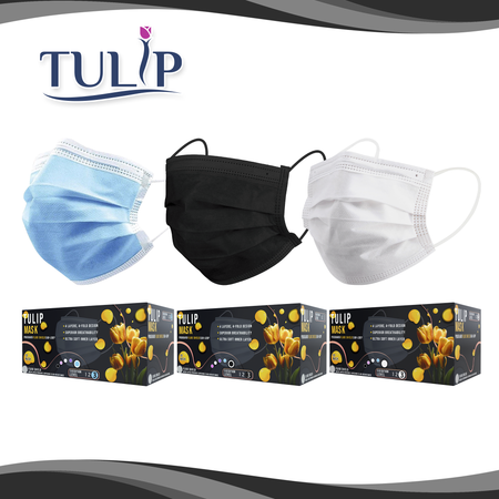TULIP 4-Ply ASTM Level 3 Black Surgical Masks (Box of 50) - packaging | DoctorSupplies.com