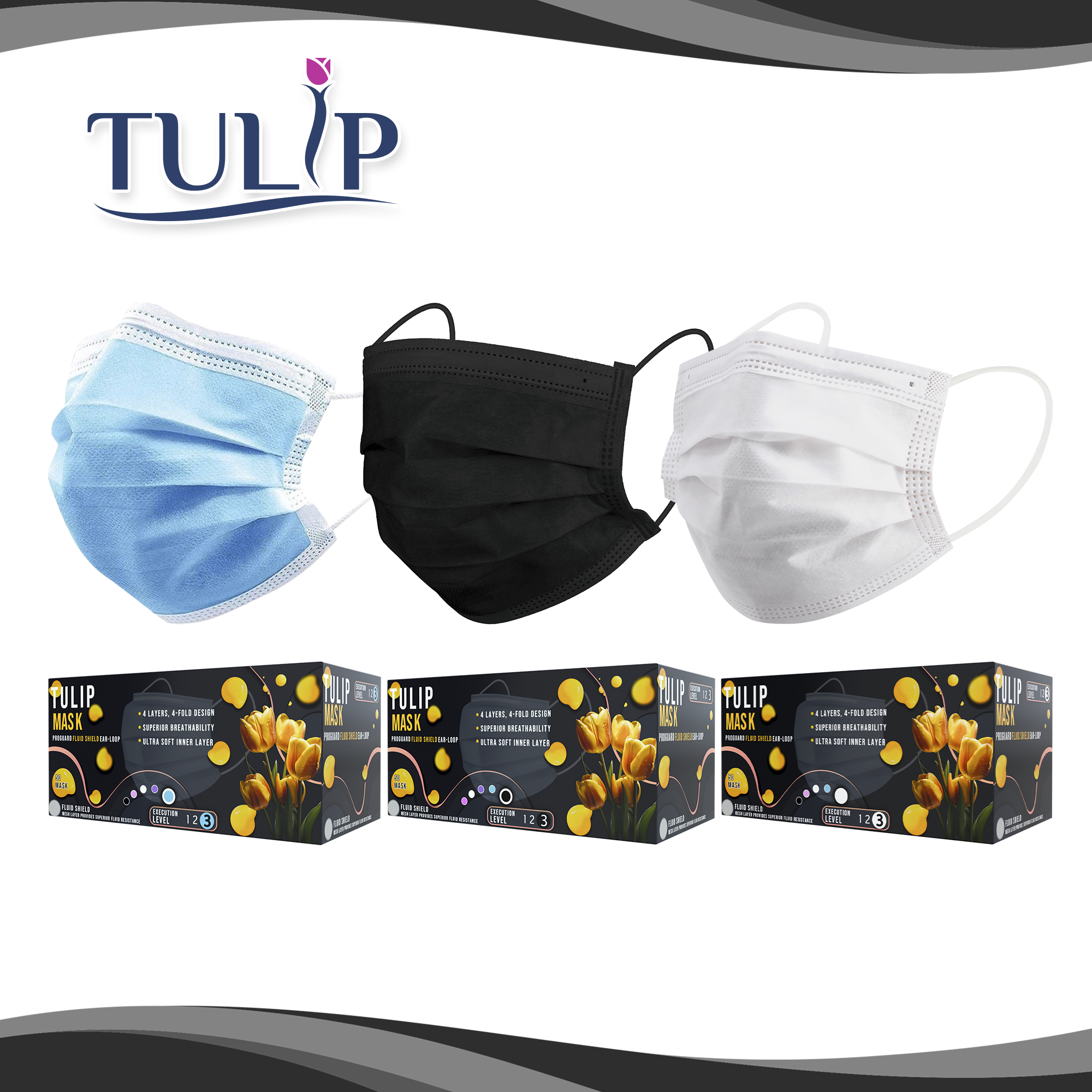 TULIP 4-Ply ASTM Level 3 Blue Surgical Masks (Box of 50) - packaging | DoctorSupplies.com