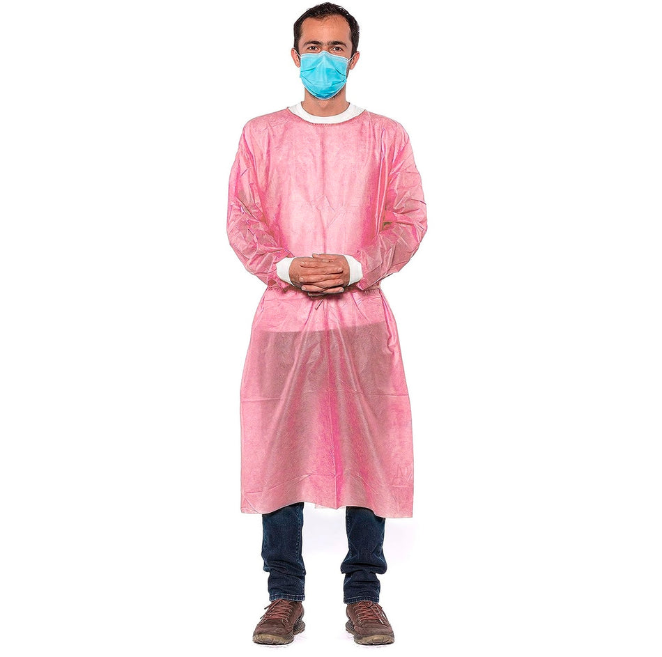 50 Pink Disposable Isolation Gowns 30g with Knit Cuffs | DoctorSupplies.com