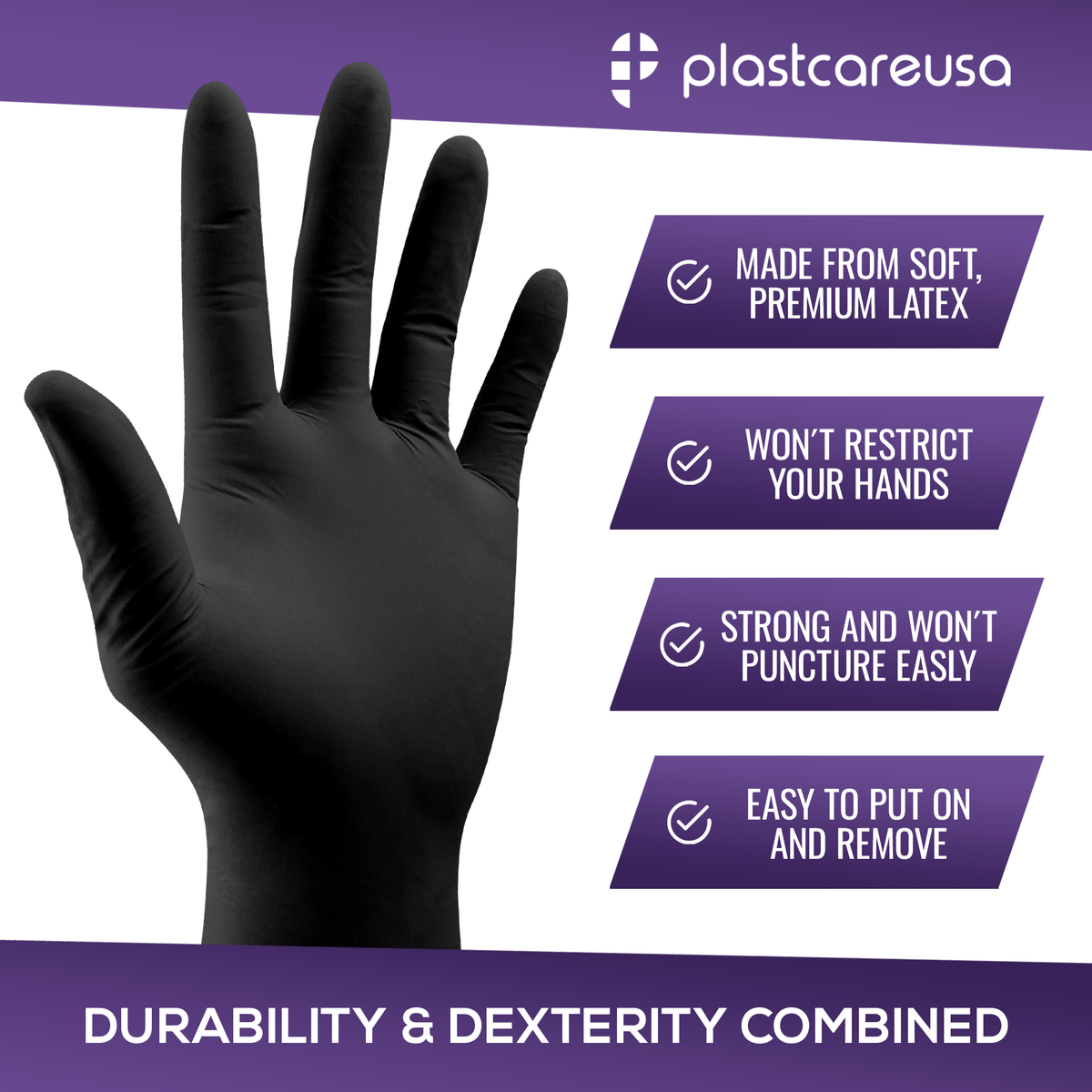 PlastCare USA Black Latex Gloves Medium - Box of 100 | Dental Supply - back view | DoctorSupplies.com