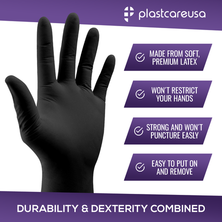 PlastCare USA Black Latex Gloves Large - Box of 100 | Professional - back view | DoctorSupplies.com