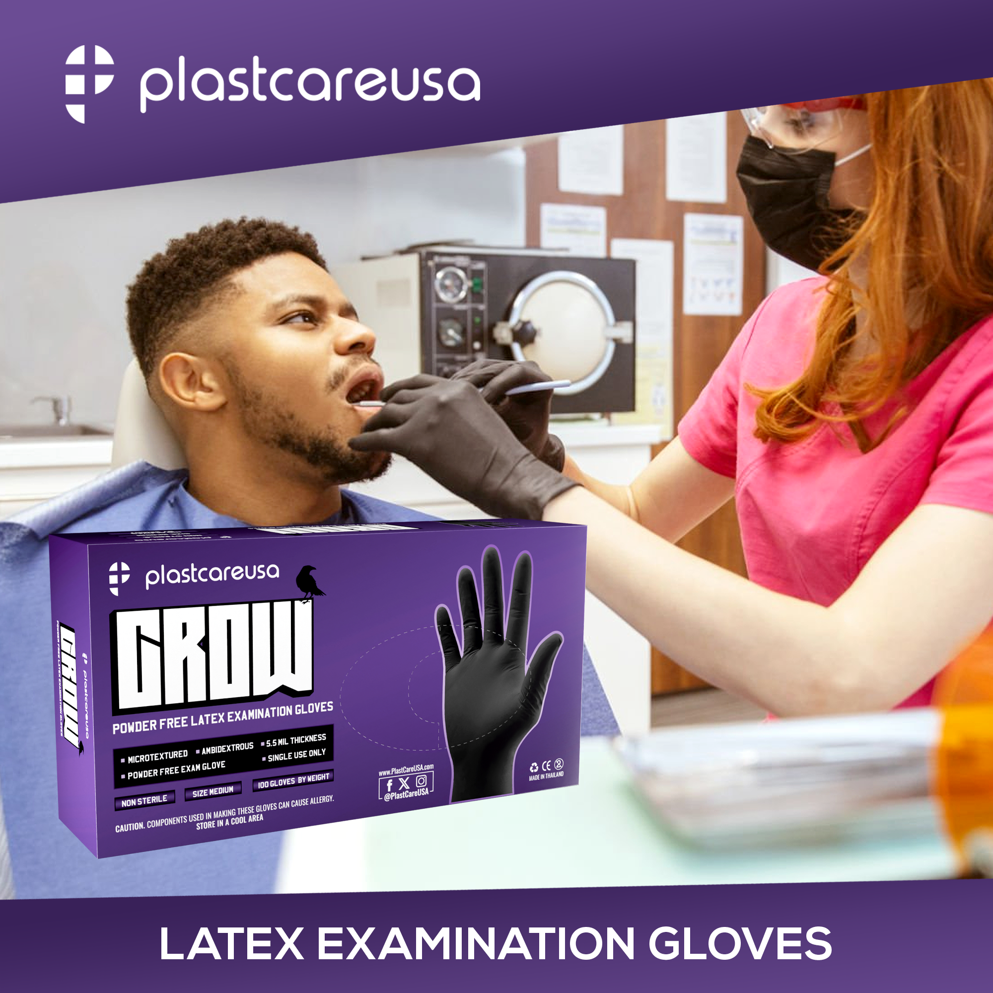 PlastCare USA Black Latex Gloves XL - 100 Count Box - packaging | DoctorSupplies.com