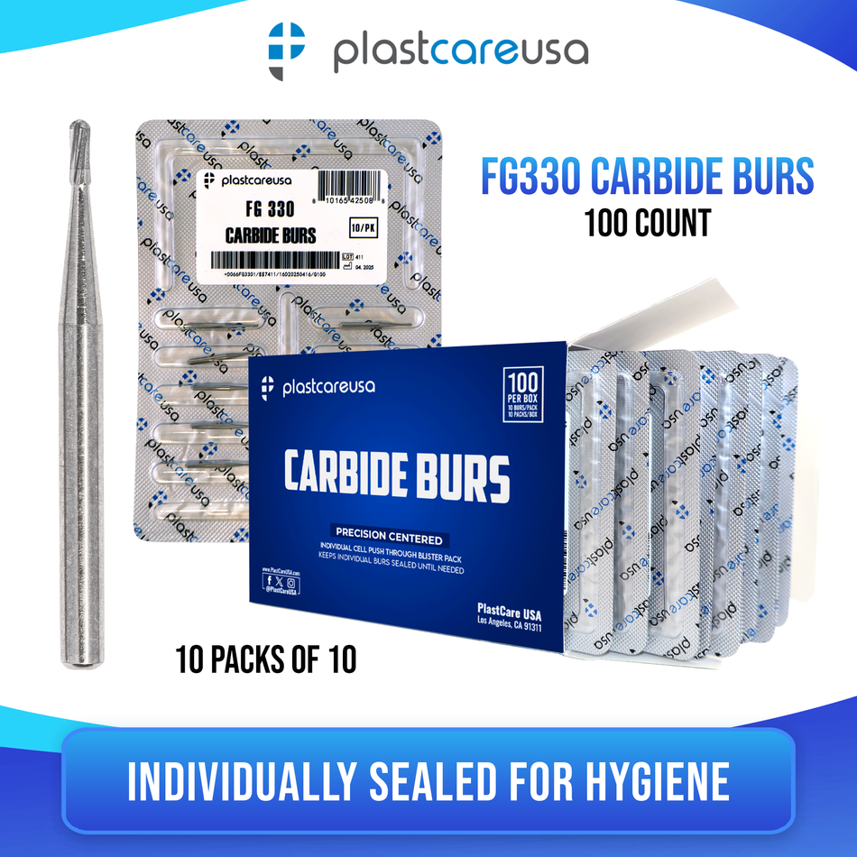 PlastCare USA 330 Carbide Burs FG 100pk Pear Shape High-Speed - front view | DoctorSupplies.com