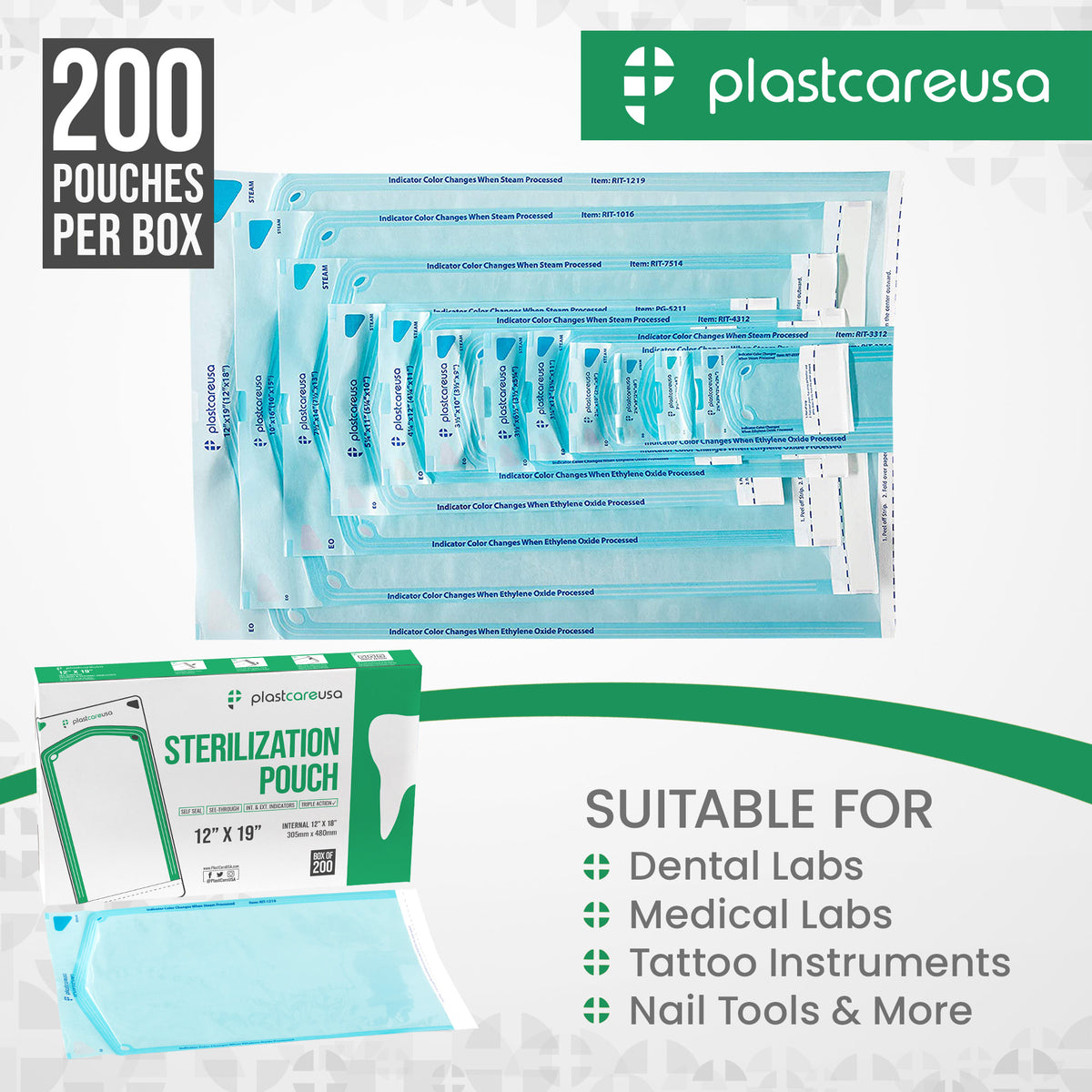 PlastCare USA 12x19 Self-Sealing Sterilization Pouches (200/Box) - packaging | DoctorSupplies.com