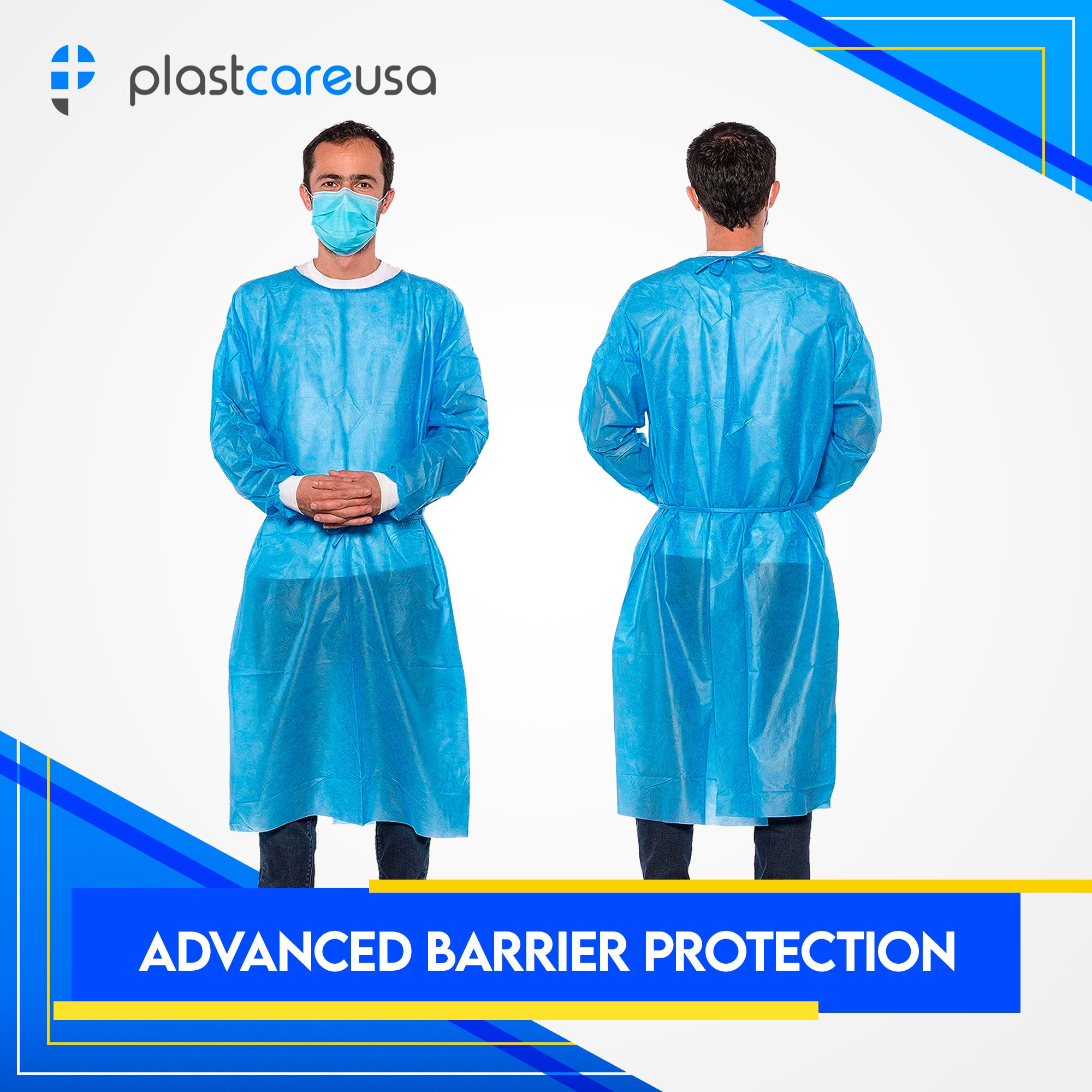 50 Blue Disposable Isolation Lab Gowns 30g with Knitt Cuffs for Medical Dental Hospital - front view | DoctorSupplies.com