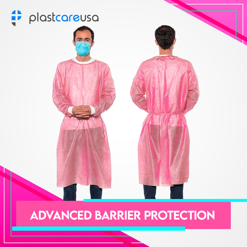 50 Pink Disposable Isolation Gowns 30g with Knit Cuffs - front view | DoctorSupplies.com
