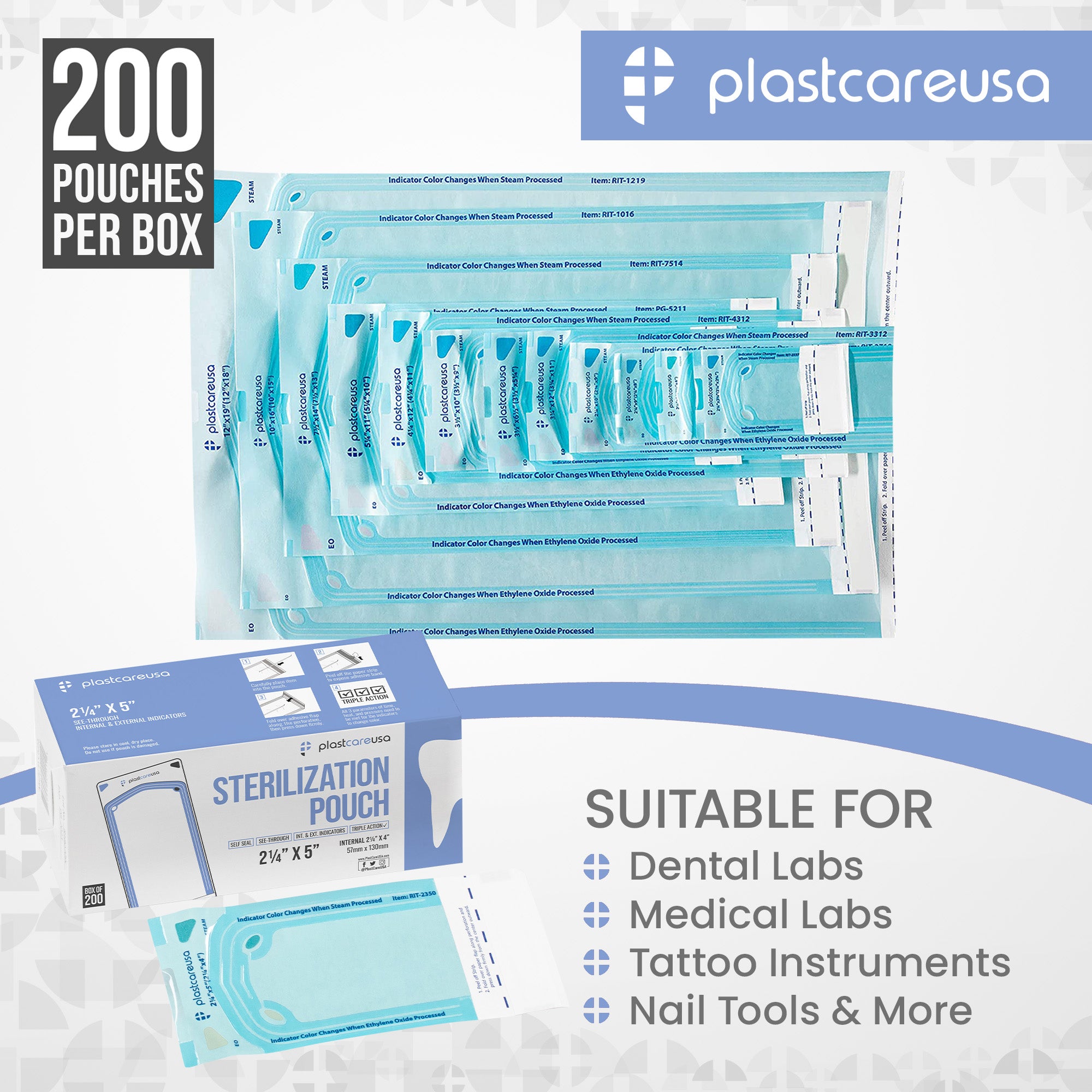 200 Self-Sealing Sterilization Pouches 2.25x4 - PlastCare USA - packaging | DoctorSupplies.com