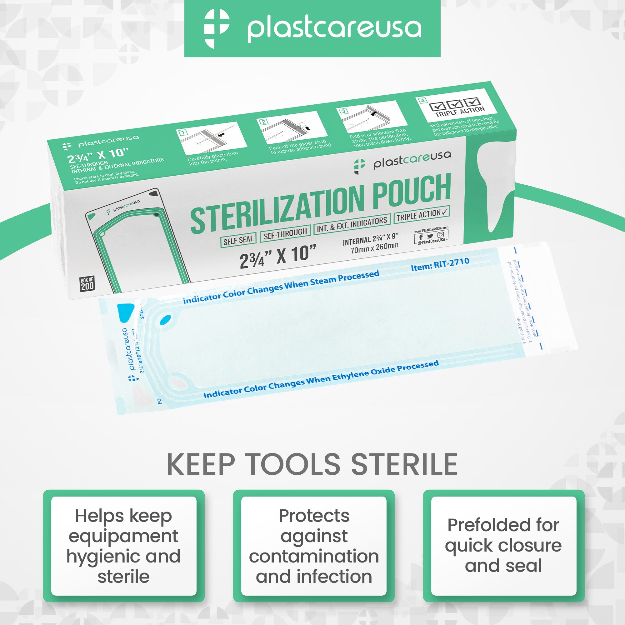 200 Self-Sealing Sterilization Pouches 2.75x10" - PlastCare USA - back view | DoctorSupplies.com