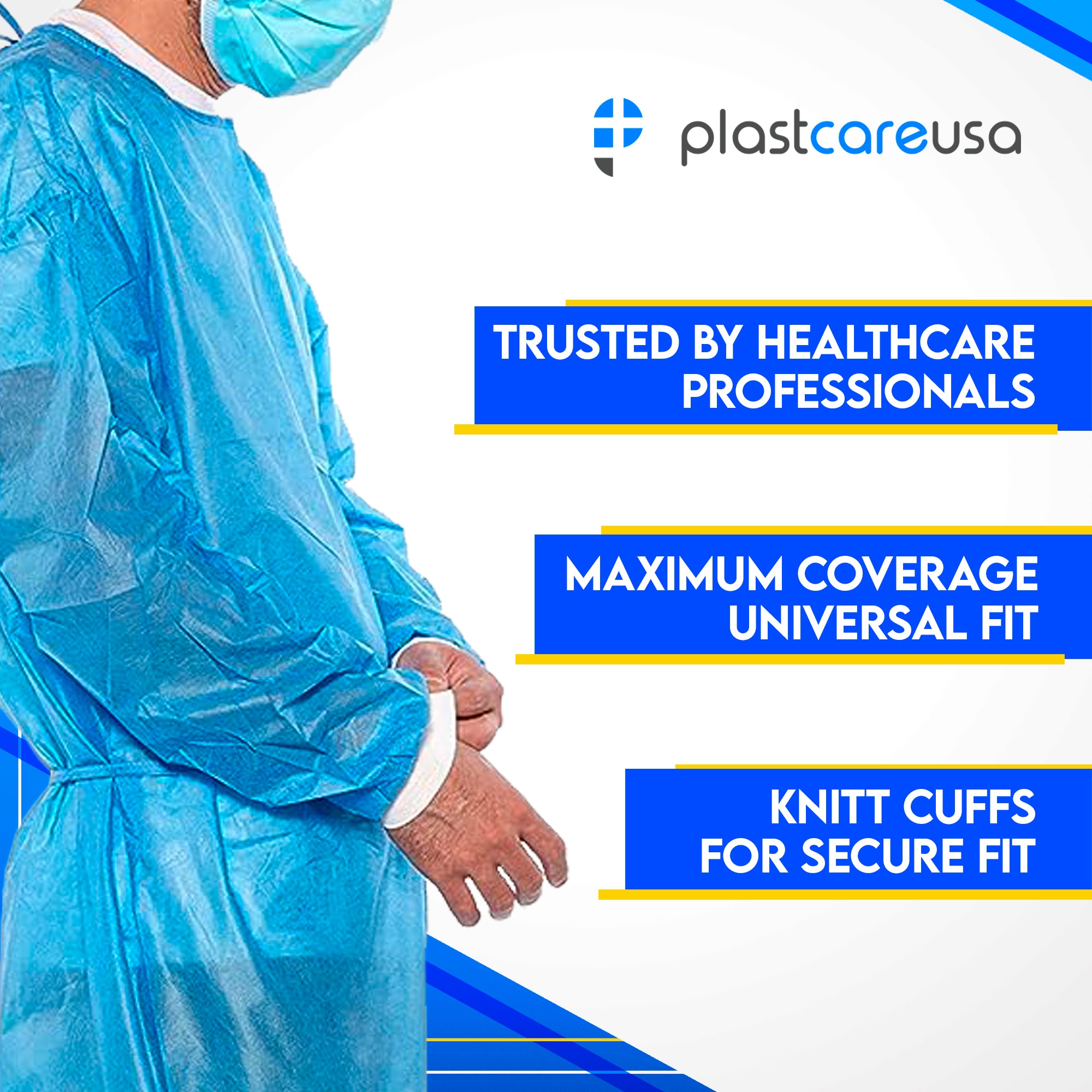 50 Blue Disposable Isolation Lab Gowns 30g with Knitt Cuffs for Medical Dental Hospital - back view | DoctorSupplies.com