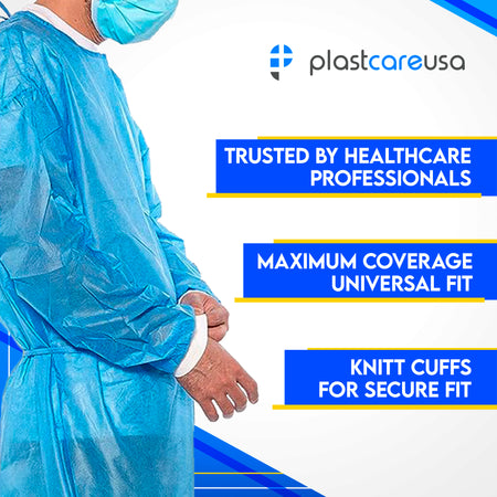 50 Blue Disposable Isolation Lab Gowns 30g with Knitt Cuffs for Medical Dental Hospital - back view | DoctorSupplies.com