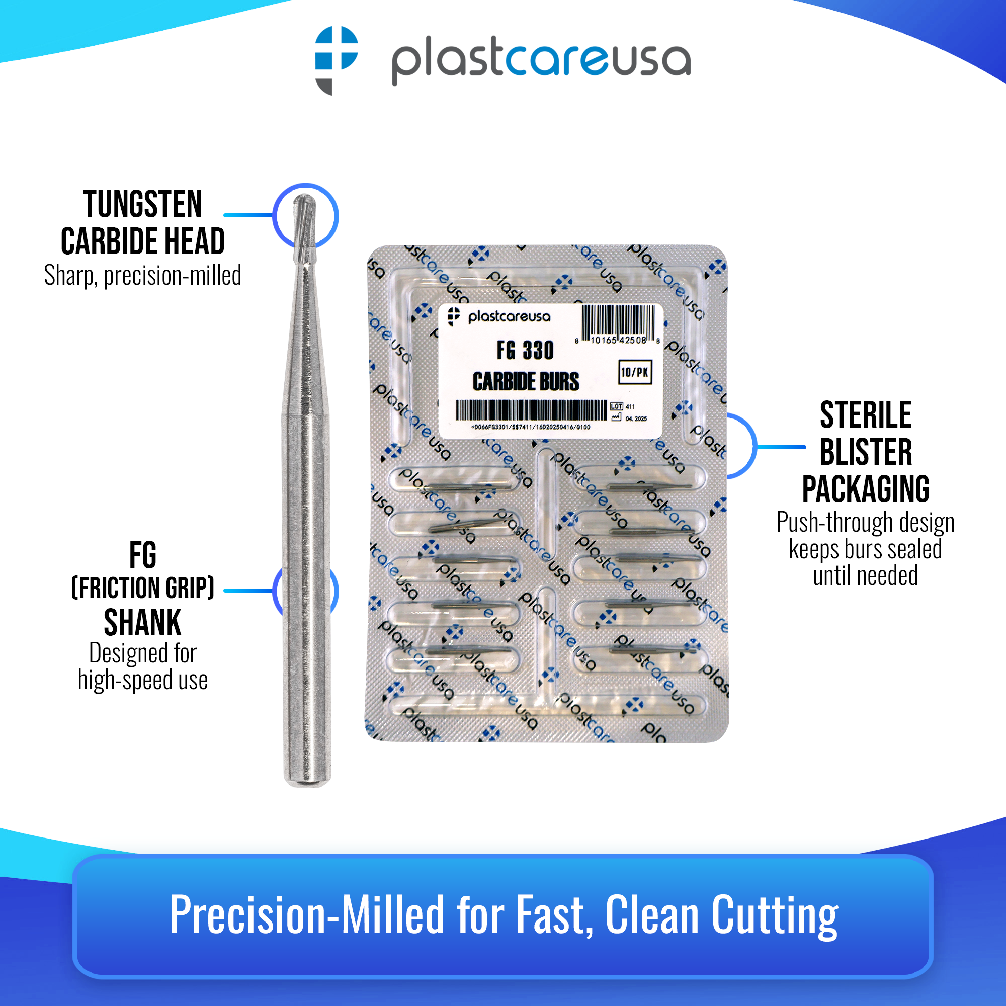 PlastCare USA 330 Carbide Burs FG 100pk Pear Shape High-Speed - side view | DoctorSupplies.com