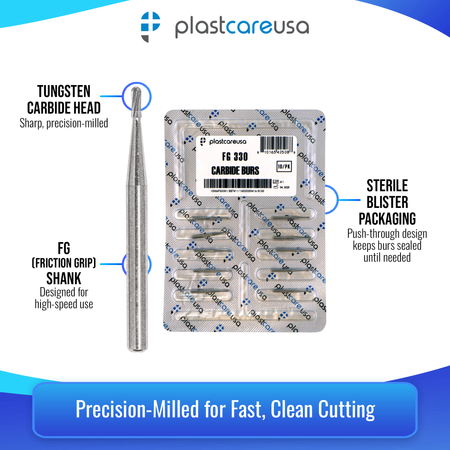 PlastCare USA 330 Carbide Burs FG 100pk Pear Shape High-Speed - side view | DoctorSupplies.com