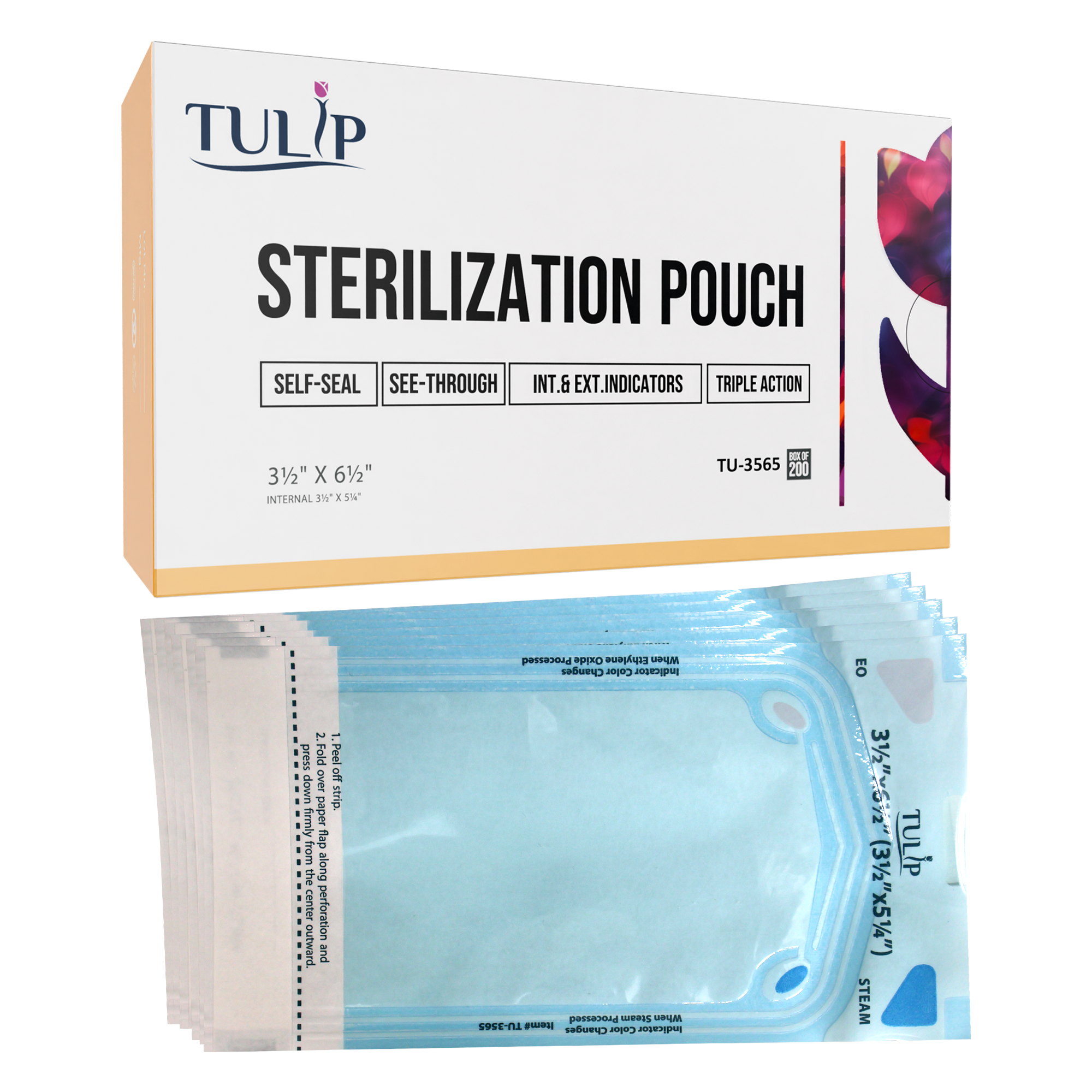 TULIP Self-Sealing Sterilization Pouches 3.5x5.25" - 200 Pack - front view | DoctorSupplies.com