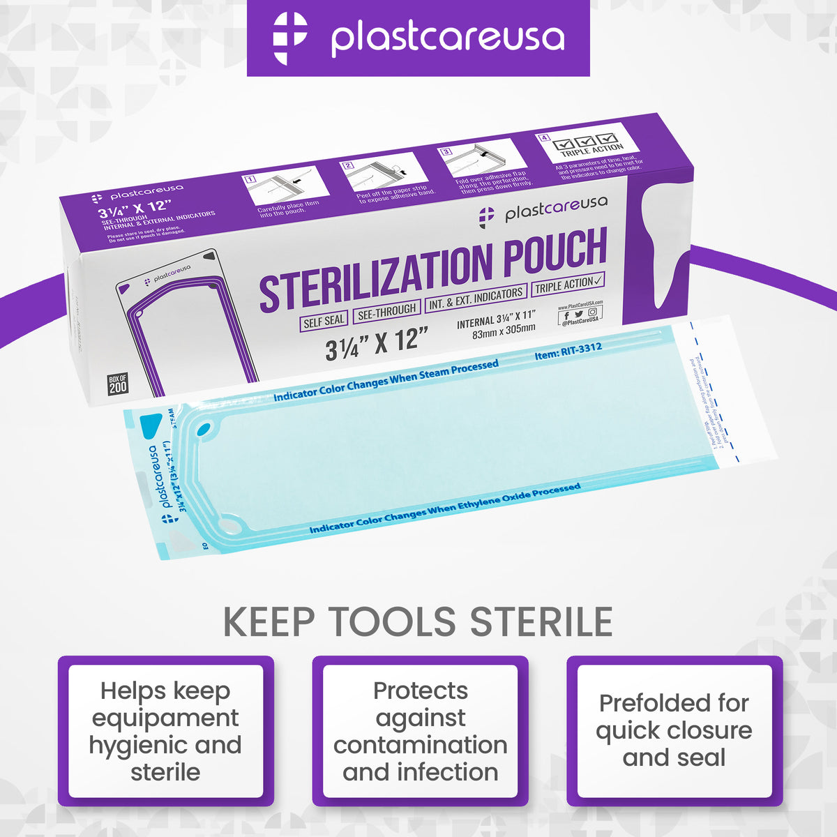 PlastCare USA Self-Sealing Sterilization Pouches 3.25x12" (200ct) - back view | DoctorSupplies.com
