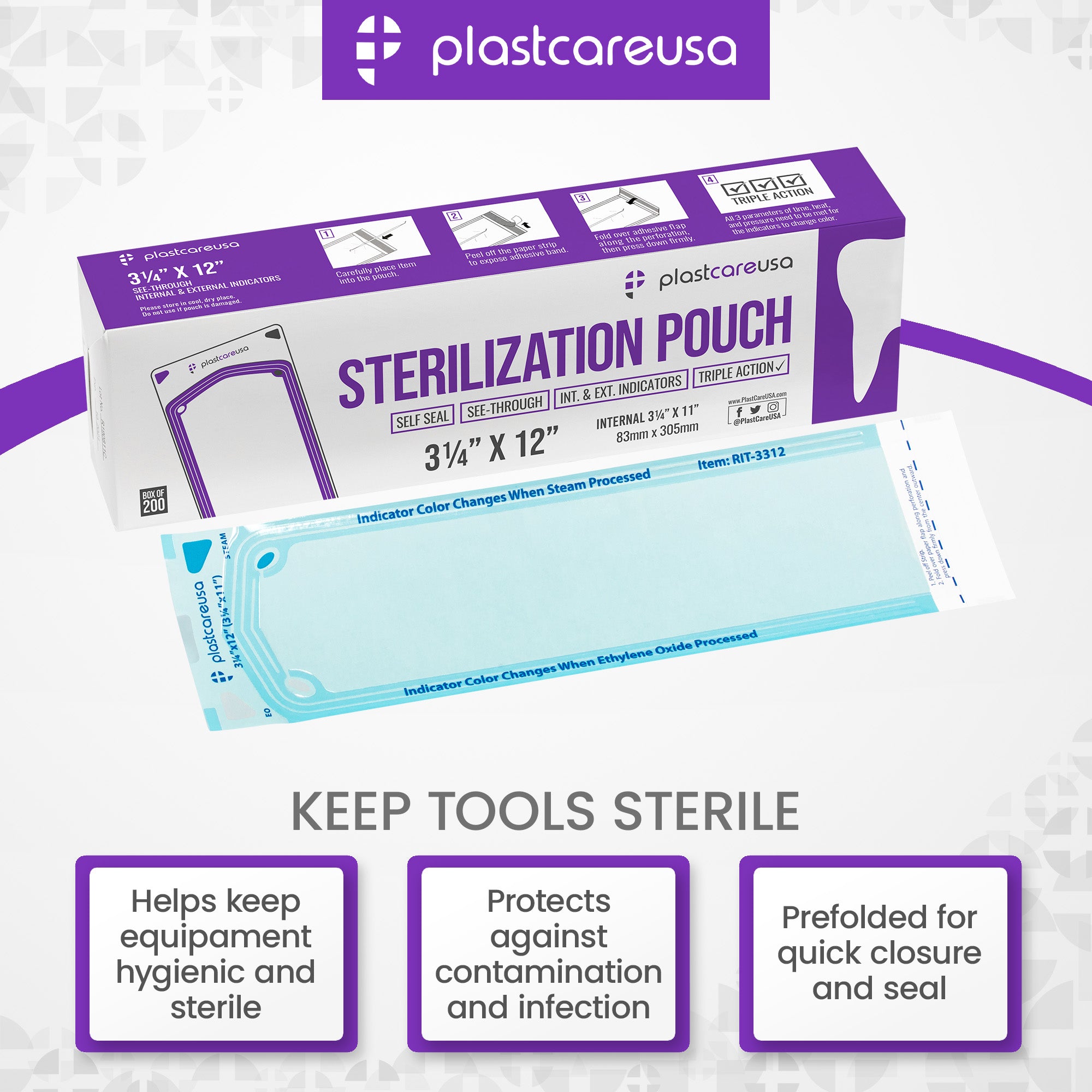 PlastCare USA Self-Sealing Sterilization Pouches 3.25x12" (200ct) - back view | DoctorSupplies.com