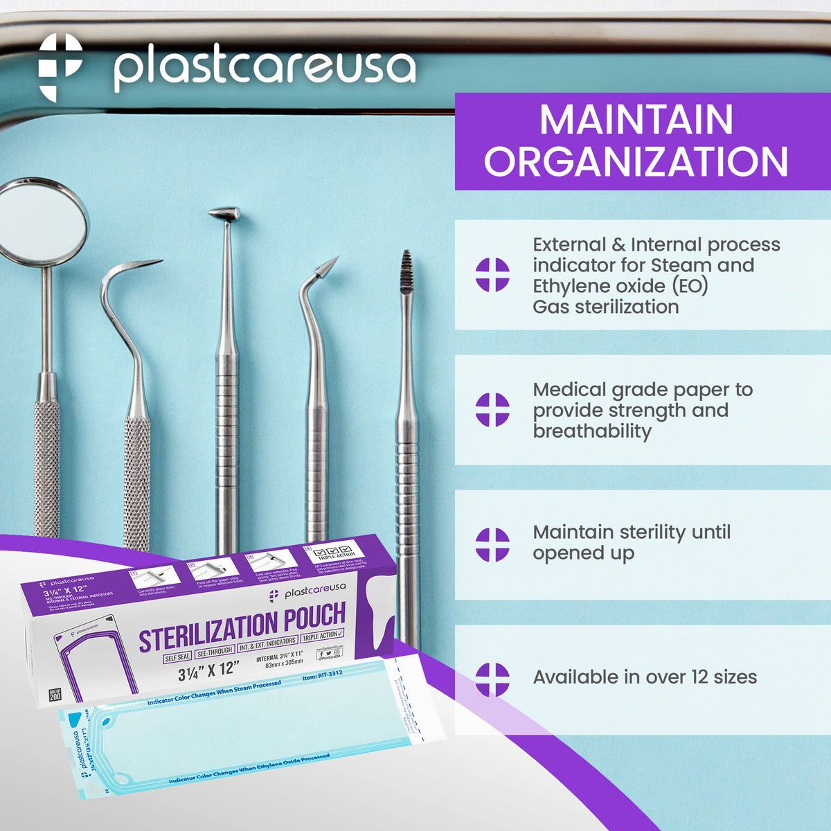 PlastCare USA Self-Sealing Sterilization Pouches 3.25x12" (200ct) - detail view | DoctorSupplies.com