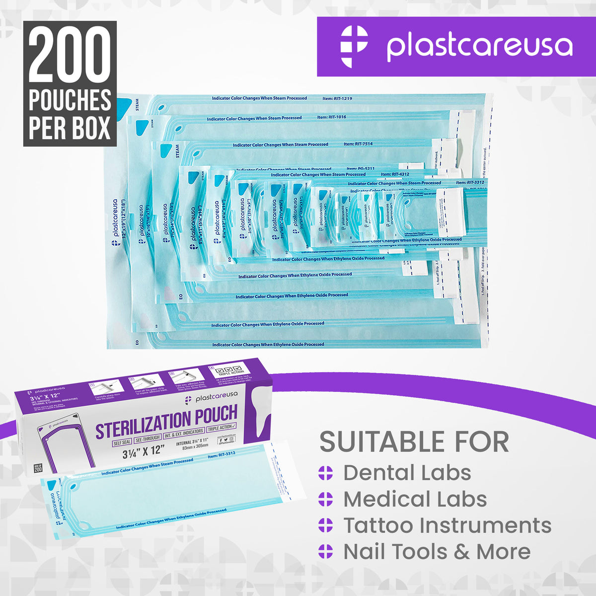 PlastCare USA Self-Sealing Sterilization Pouches 3.25x12" (200ct) - packaging | DoctorSupplies.com