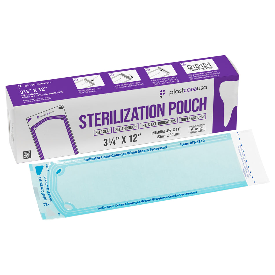 PlastCare USA Self-Sealing Sterilization Pouches 3.25x12" (200ct) | DoctorSupplies.com