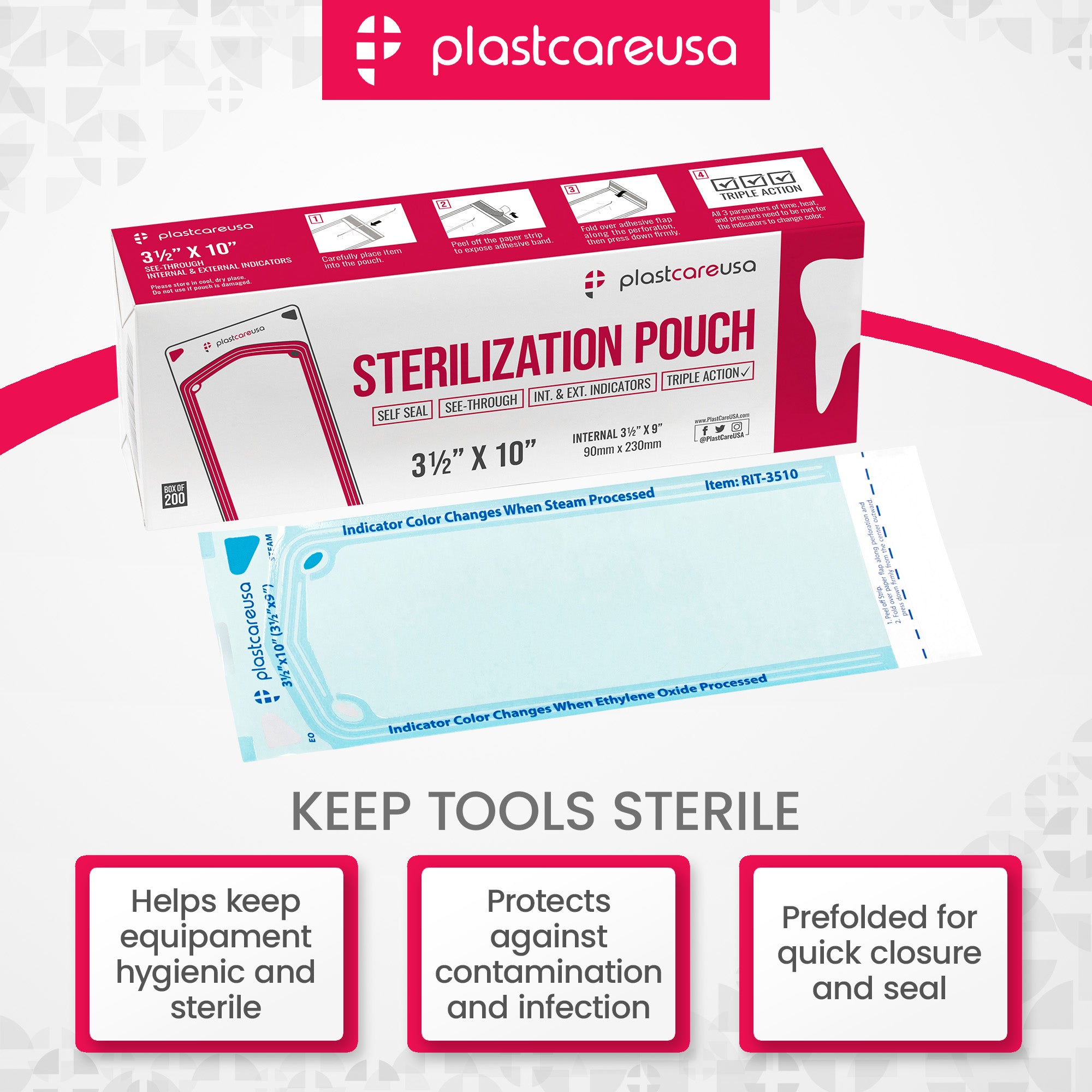 200ct 3.5x10 Self-Seal Sterilization Pouches | PlastCare USA - back view | DoctorSupplies.com