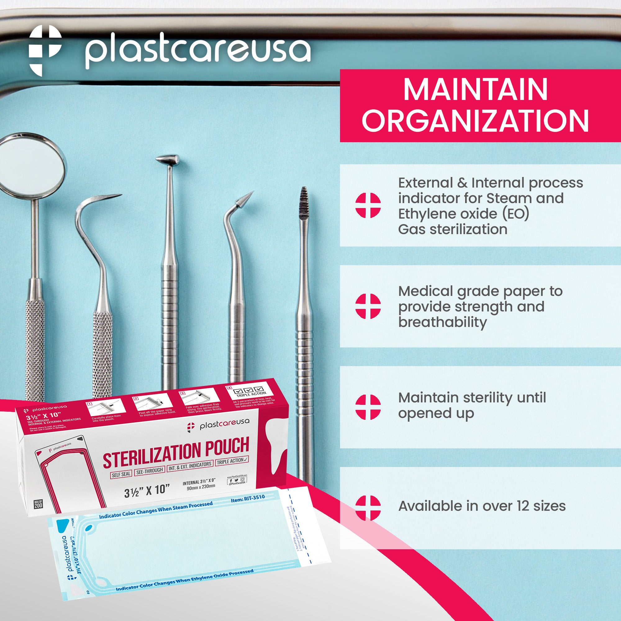 200ct 3.5x10 Self-Seal Sterilization Pouches | PlastCare USA - detail view | DoctorSupplies.com