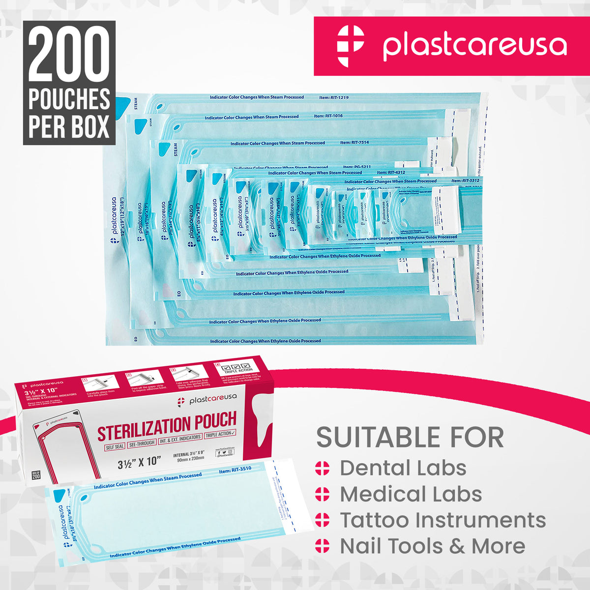 200ct 3.5x10 Self-Seal Sterilization Pouches | PlastCare USA - packaging | DoctorSupplies.com
