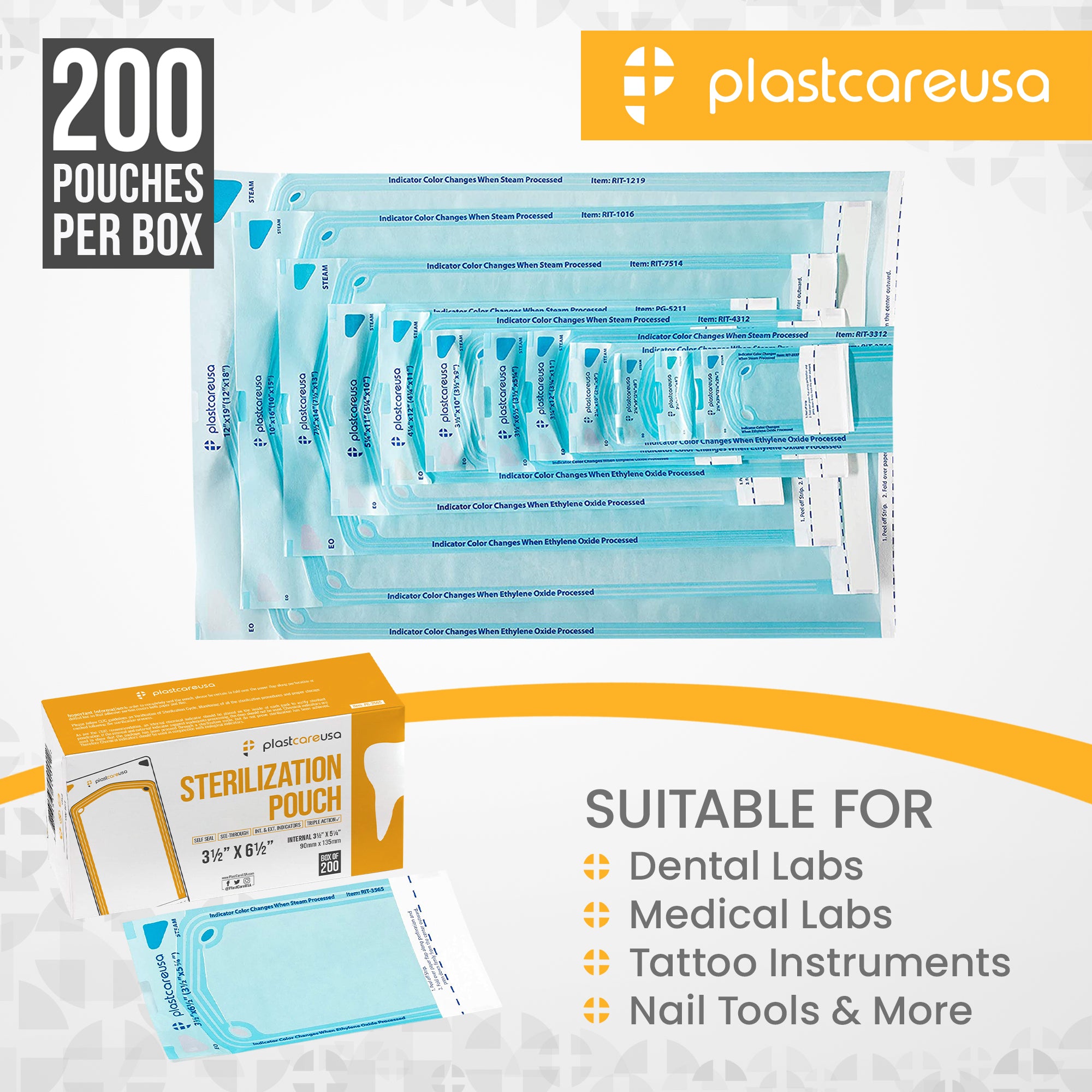PlastCare USA Self-Seal Sterilization Pouches 3.5x5.25" 200ct - packaging | DoctorSupplies.com