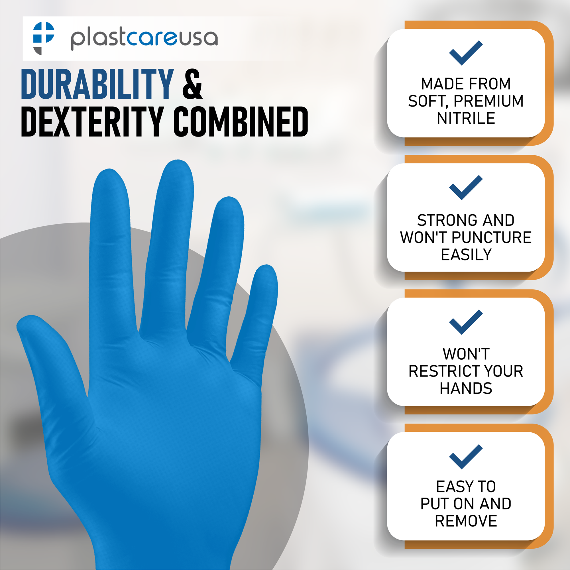 PlastCare USA Blue Nitrile Exam Gloves Medium 100ct Latex Free - side view | DoctorSupplies.com