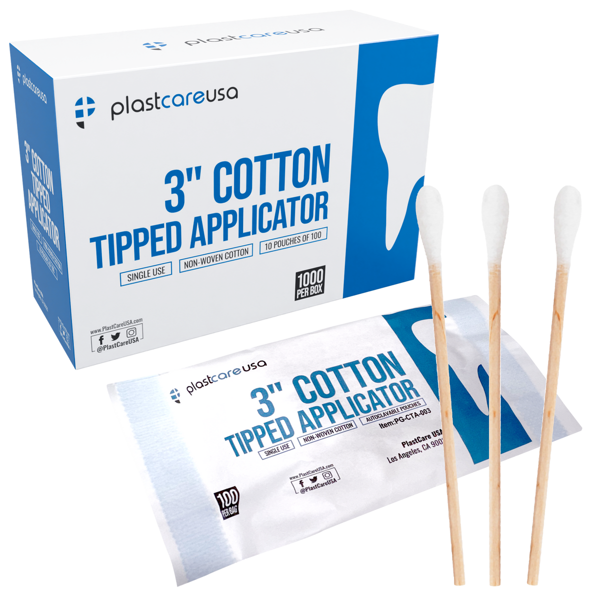 3" Cotton Tip Applicators by PlastCare USA - Box of 1000 | DoctorSupplies.com