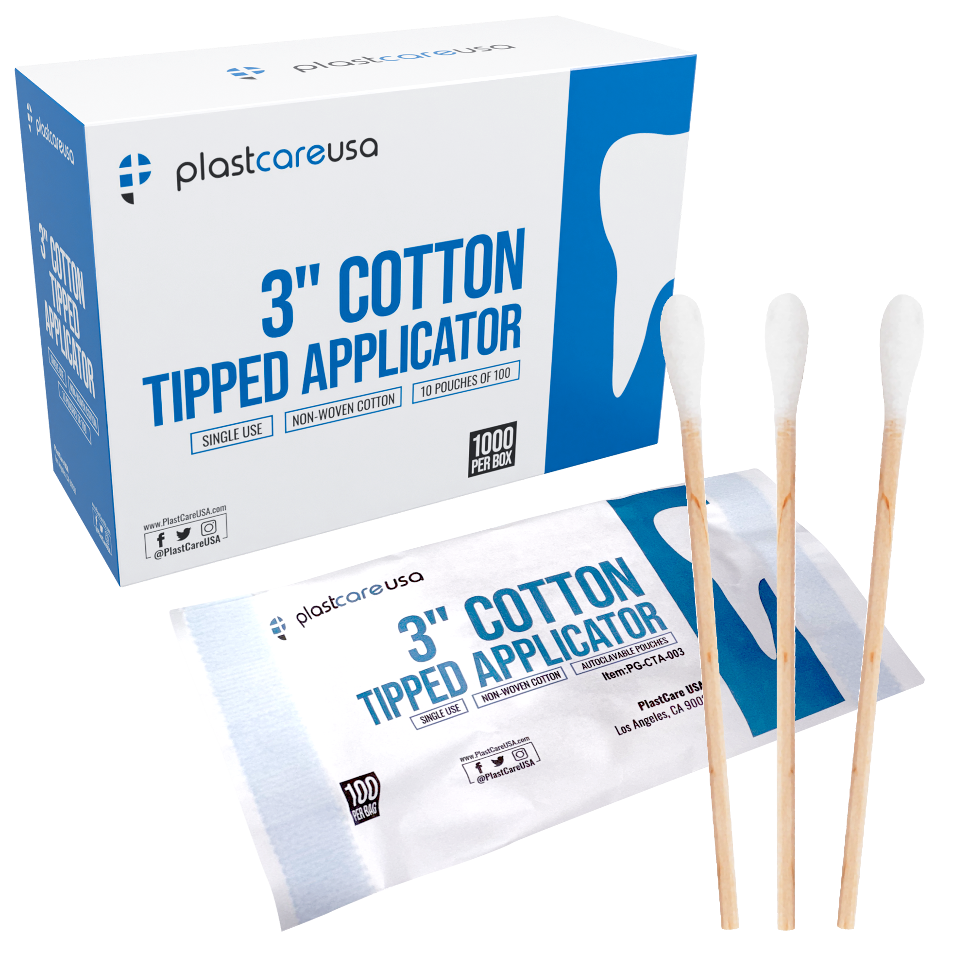3" Cotton Tip Applicators by PlastCare USA - Box of 1000 | DoctorSupplies.com