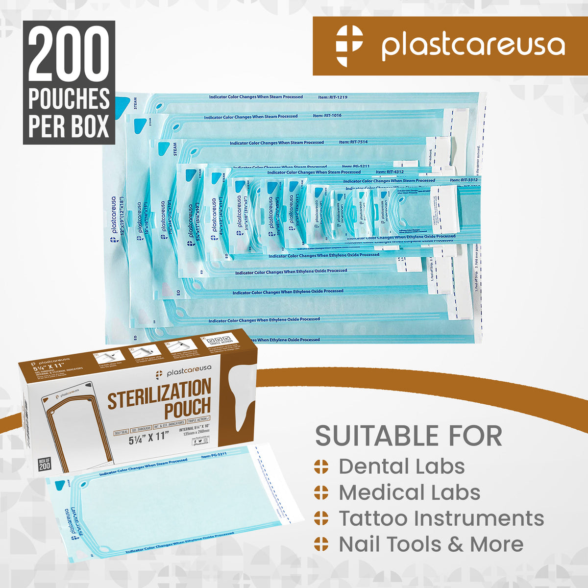 200 Self-Sealing Sterilization Pouches 5.25x10 - PlastCare USA - packaging | DoctorSupplies.com