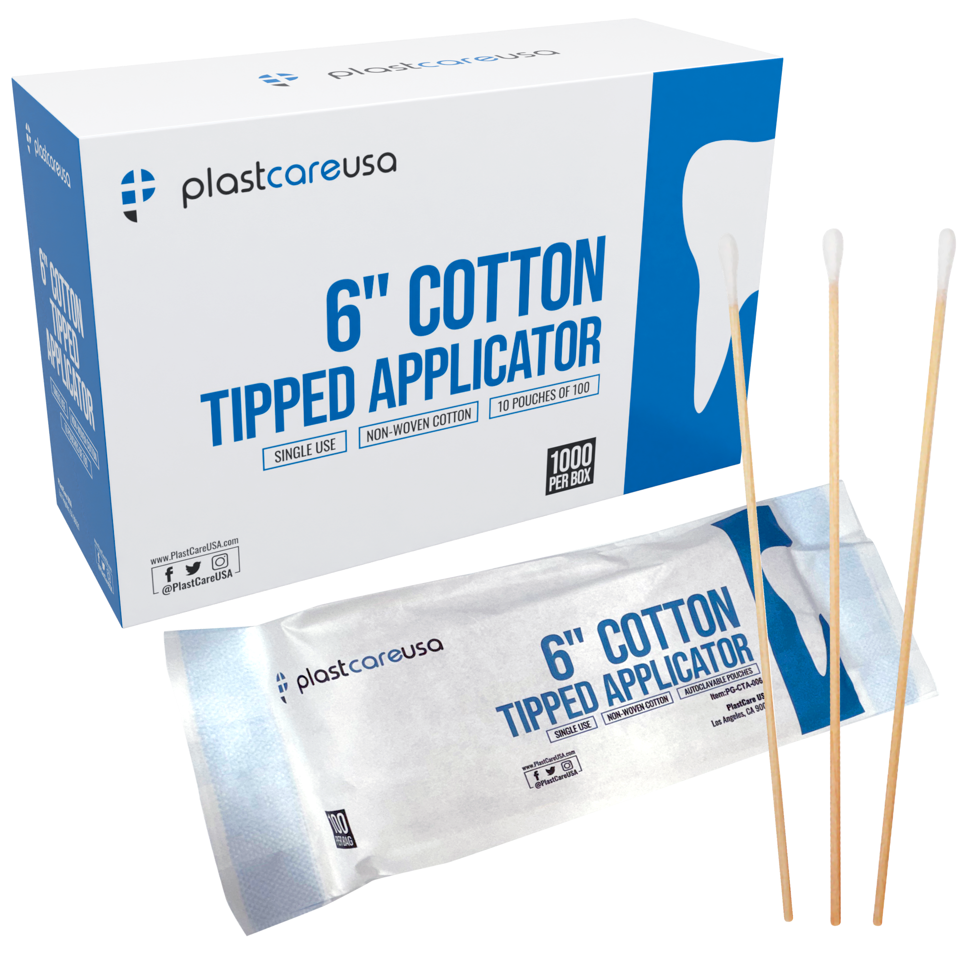 6" Cotton Tip Applicators - PlastCare USA - Box of 1000 | DoctorSupplies.com