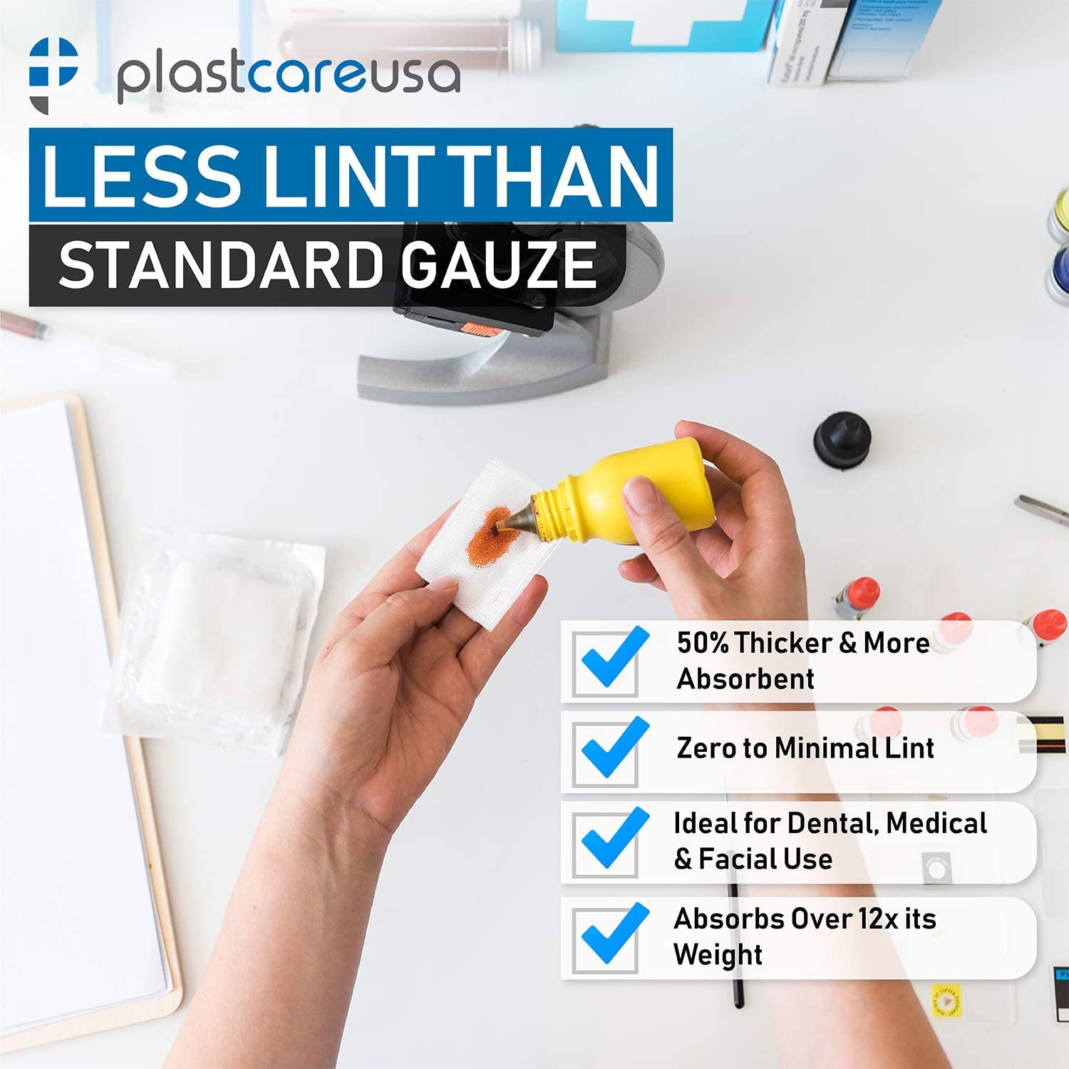 1000 PlastCare USA 2x2 4-Ply Non-Sterile Dental Gauze Sponges - packaging | DoctorSupplies.com