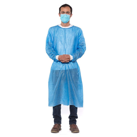 50 Blue Disposable Isolation Lab Gowns 30g with Knitt Cuffs for Medical Dental Hospital | DoctorSupplies.com