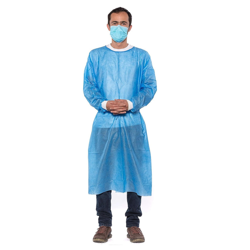 50 Blue Disposable Isolation Lab Gowns 30g with Knitt Cuffs for Medical Dental Hospital | DoctorSupplies.com