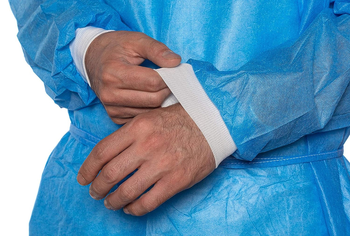 50 Blue Disposable Isolation Lab Gowns 30g with Knitt Cuffs for Medical Dental Hospital - packaging | DoctorSupplies.com