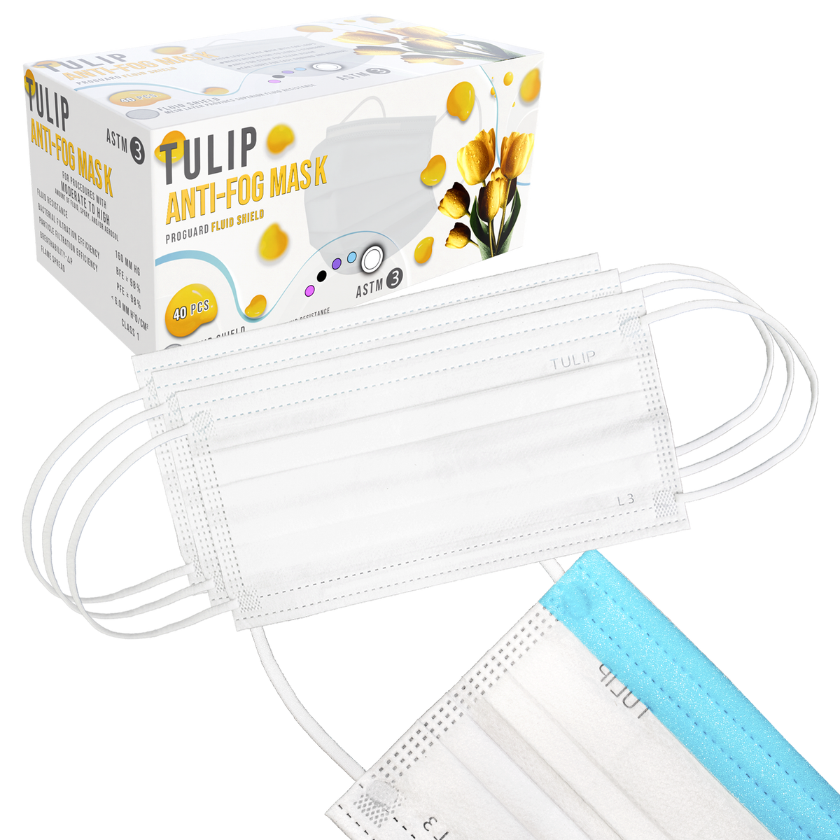 40 White Fluid Shield ASTM Level 3 Masks 4-Layer w/ Anti Fog Strip | DoctorSupplies.com